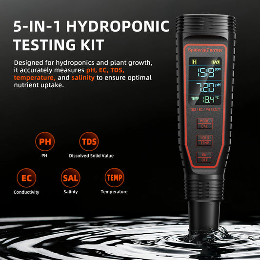 Spider Farmer 5-in-1 pH-EC-TDS-Messgerät – 5 Messfunktionen in einem Gerät für Hydroponik
