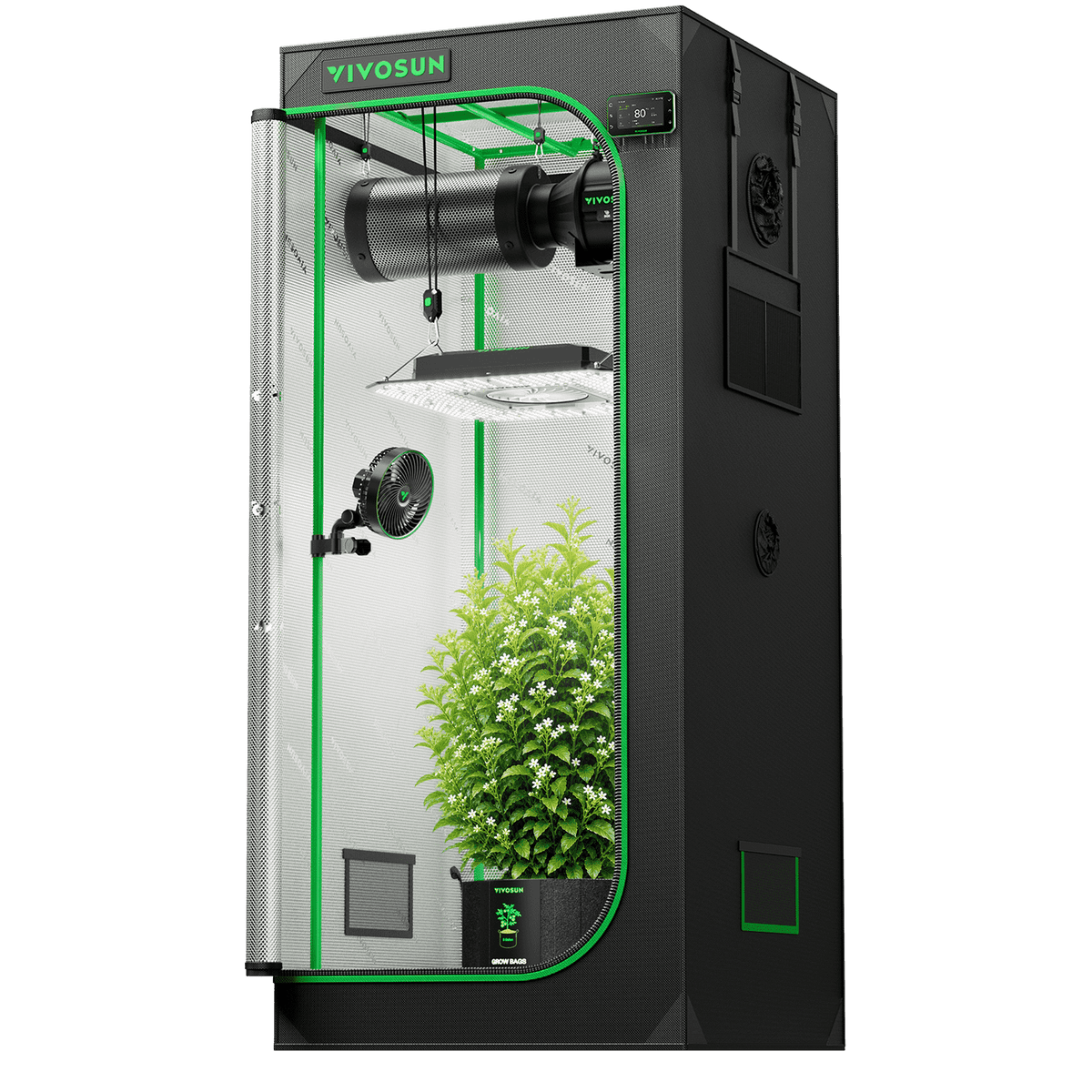 Vivosun Pro G2 Growbox Komplettset 70x70x160cm 180W – Anwendungsansicht mit Beispielpflanzen