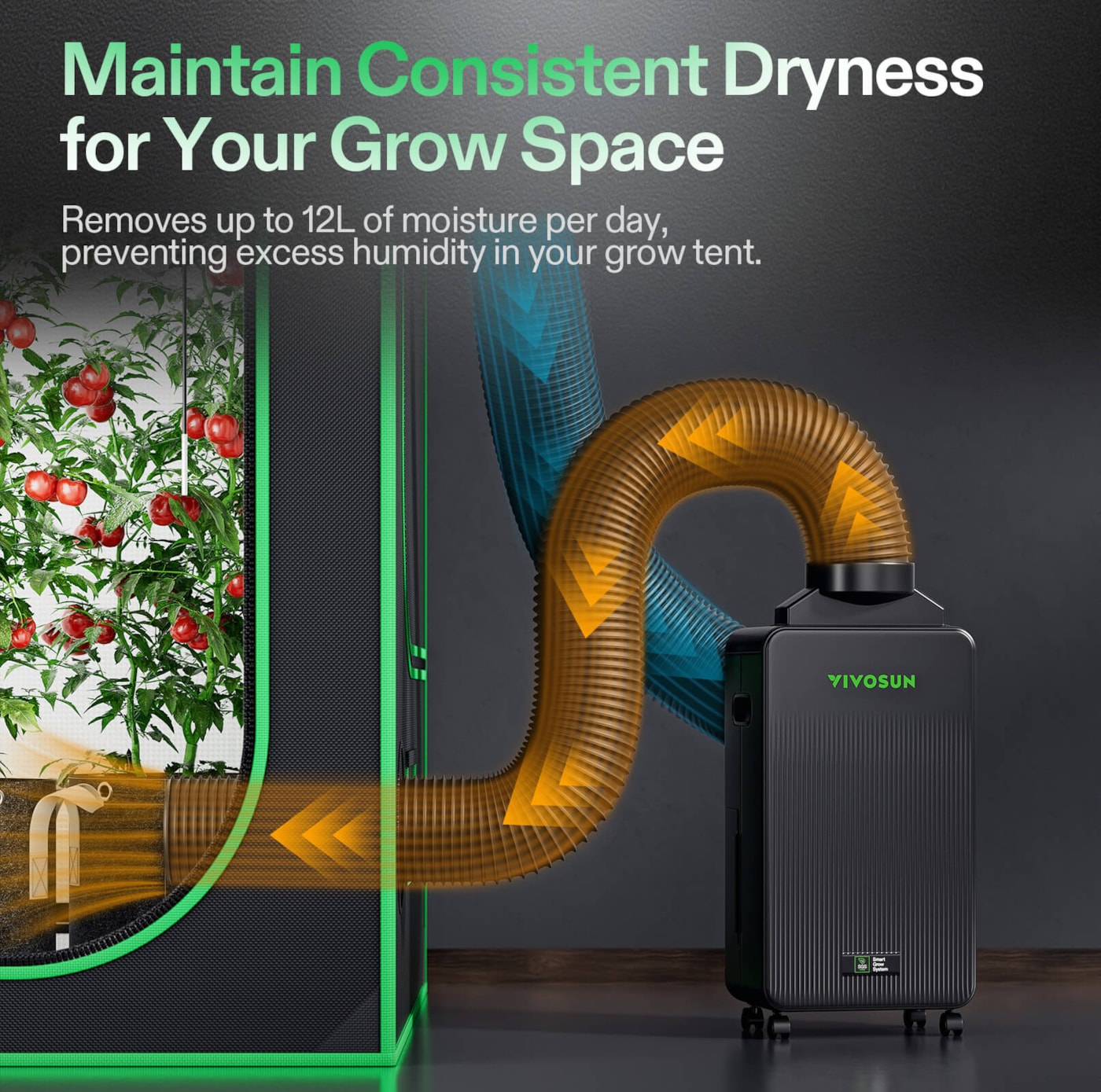 VIVOSUN AeroDrain D12 – Produkt in Growraum-Umgebung mit Pflanzen