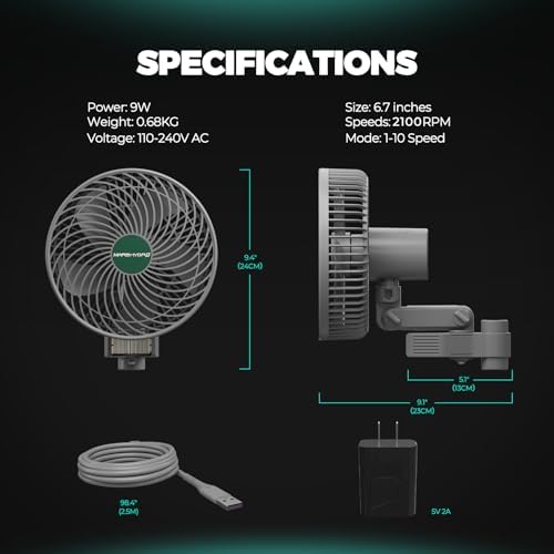 Mars Hydro M6 Clipventilator - Technische Zeichnung mit Abmessungen und Kabel