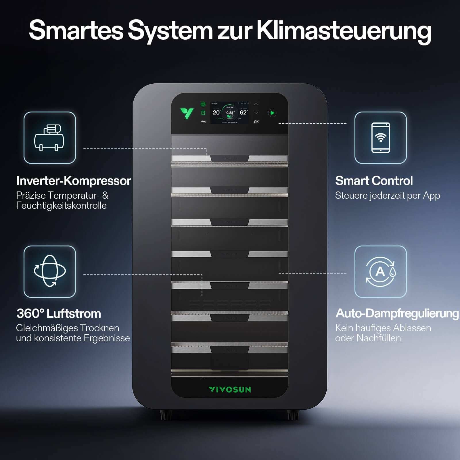 VIVOSUN VCure Smart Post-Harvest Box - Detail Innenraum mit Regalen