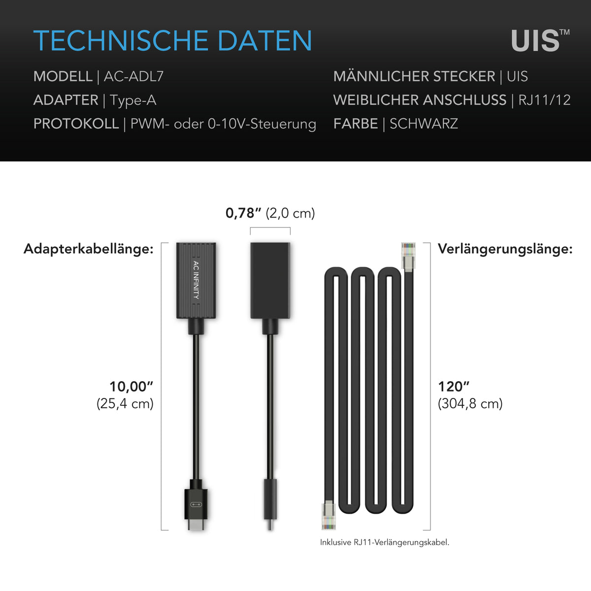 AC Infinity UIS Beleuchtungsadapter Typ A – Detail- oder Anwendungsansicht; zusätzliches Zubehör in Beispielen separat erhältlich