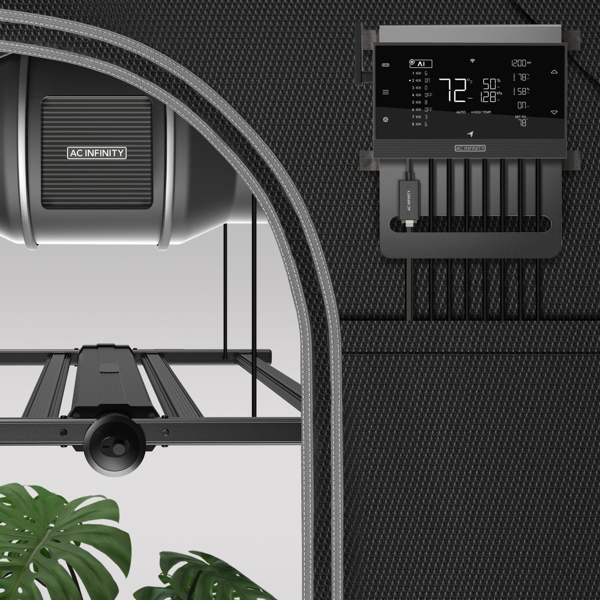 AC Infinity UIS Beleuchtungsadapter Typ B – Detail- oder Anwendungsansicht; zusätzliches Zubehör in Beispielen separat erhältlich