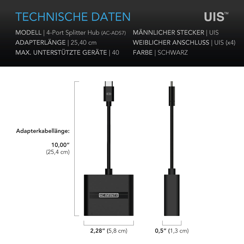 AC Infinity UIS Splitter Hub mit 4 Ports – Detail- oder Anwendungsansicht; zusätzliches Zubehör in Beispielen separat erhältlich