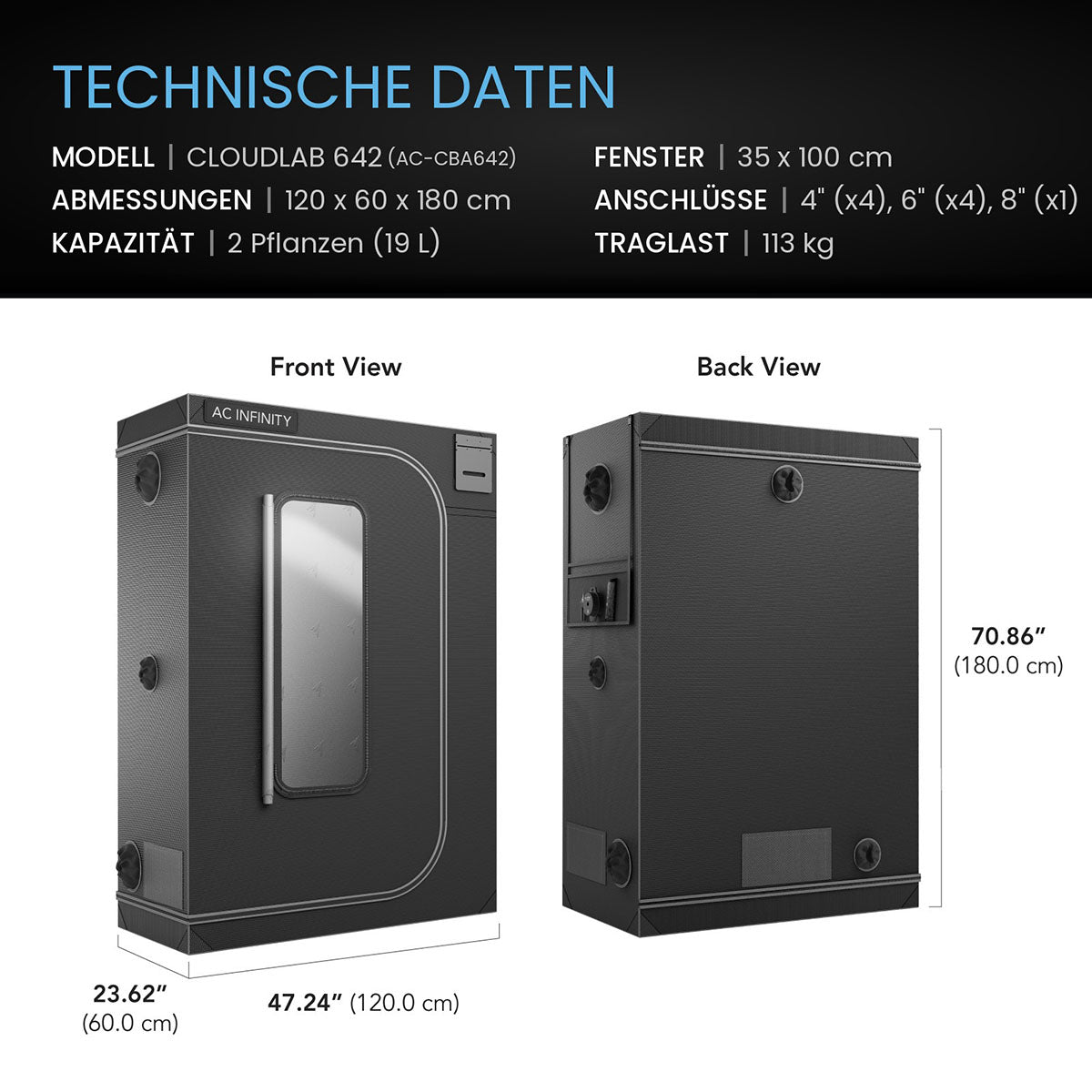 AC Infinity CLOUDLAB 642 Growbox 120x60x180 cm – Detail- oder Anwendungsansicht; zusätzliches Zubehör in Beispielen separat erhältlich