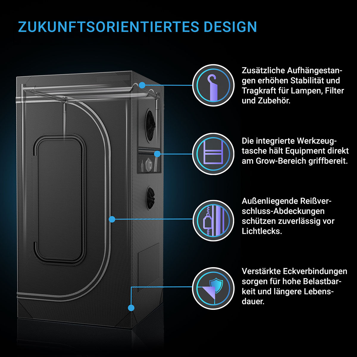 AC Infinity CLOUDLAB 642 Growbox 120x60x180 cm – Detail- oder Anwendungsansicht; zusätzliches Zubehör in Beispielen separat erhältlich