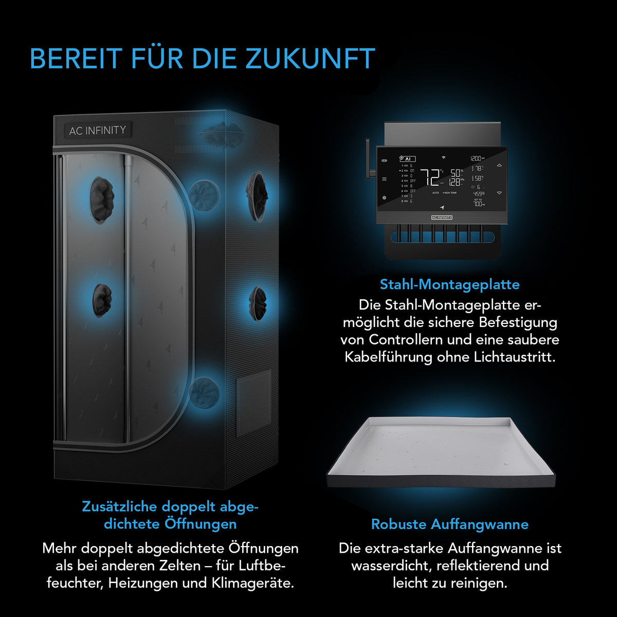 AC Infinity CLOUDLAB 844 Growbox 120x120x200 cm – Detail- oder Anwendungsansicht; zusätzliches Zubehör in Beispielen separat erhältlich