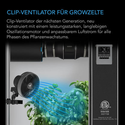 AC Infinity CLOUDRAY A6 Clipventilator – Detail- oder Anwendungsansicht; zusätzliches Zubehör in Beispielen separat erhältlich