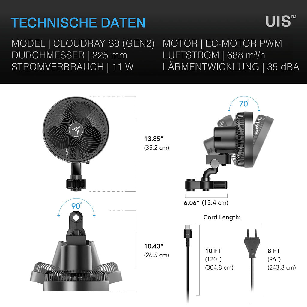 AC Infinity CLOUDRAY S9 Clipventilator – Detail- oder Anwendungsansicht; zusätzliches Zubehör in Beispielen separat erhältlich