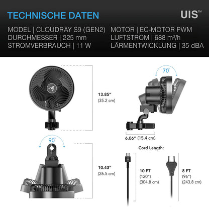 AC Infinity CLOUDRAY S9 Clipventilator – Detail- oder Anwendungsansicht; zusätzliches Zubehör in Beispielen separat erhältlich