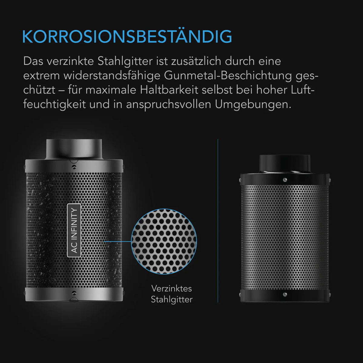 AC Infinity Aktivkohlefilter 200 mm – Detail- oder Anwendungsansicht; zusätzliches Zubehör in Beispielen separat erhältlich