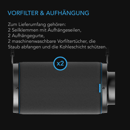 AC Infinity Aktivkohlefilter 200 mm – Detail- oder Anwendungsansicht; zusätzliches Zubehör in Beispielen separat erhältlich