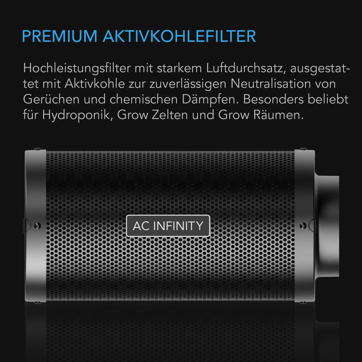 AC Infinity Aktivkohlefilter 200 mm – Detail- oder Anwendungsansicht; zusätzliches Zubehör in Beispielen separat erhältlich