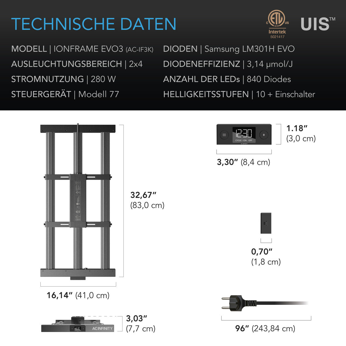 AC Infinity IONFRAME EVO3 Grow LED 280W – Detail- oder Anwendungsansicht; zusätzliches Zubehör in Beispielen separat erhältlich
