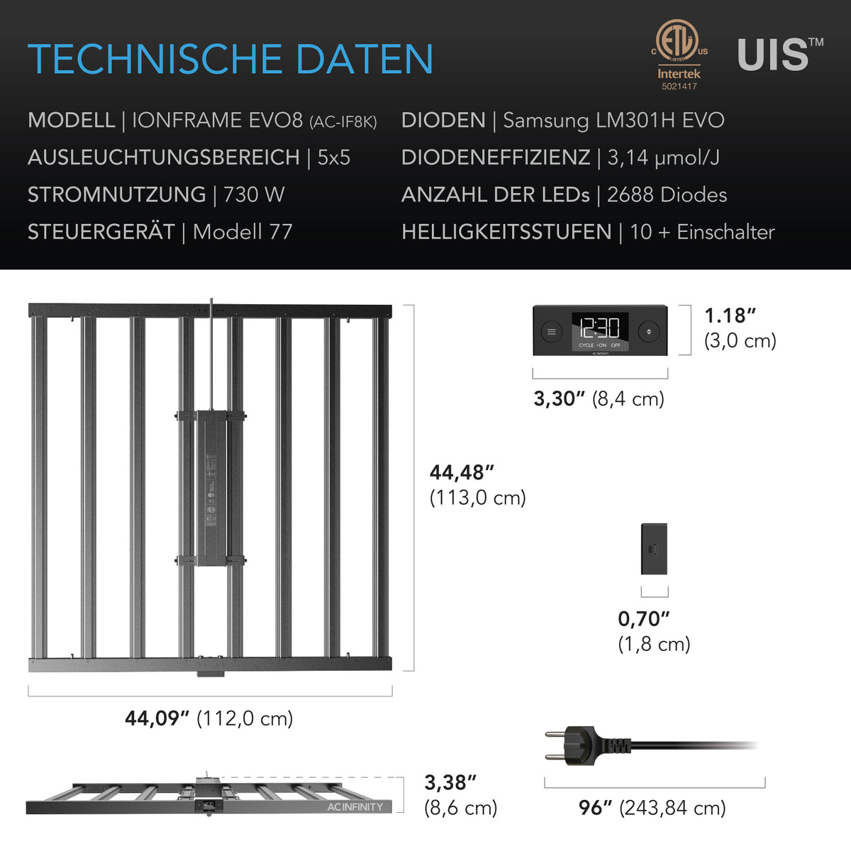 AC Infinity IONFRAME EVO8 Grow LED 730W – Detail- oder Anwendungsansicht; zusätzliches Zubehör in Beispielen separat erhältlich