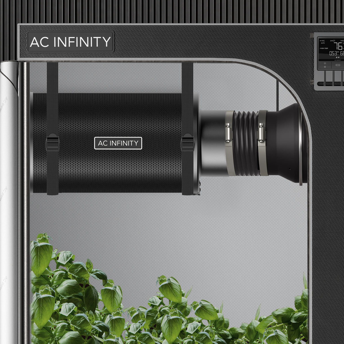AC Infinity RCF6 Aktivkohlefilter 150 mm, nachfüllbar – Detail- oder Anwendungsansicht; zusätzliches Zubehör in Beispielen separat erhältlich