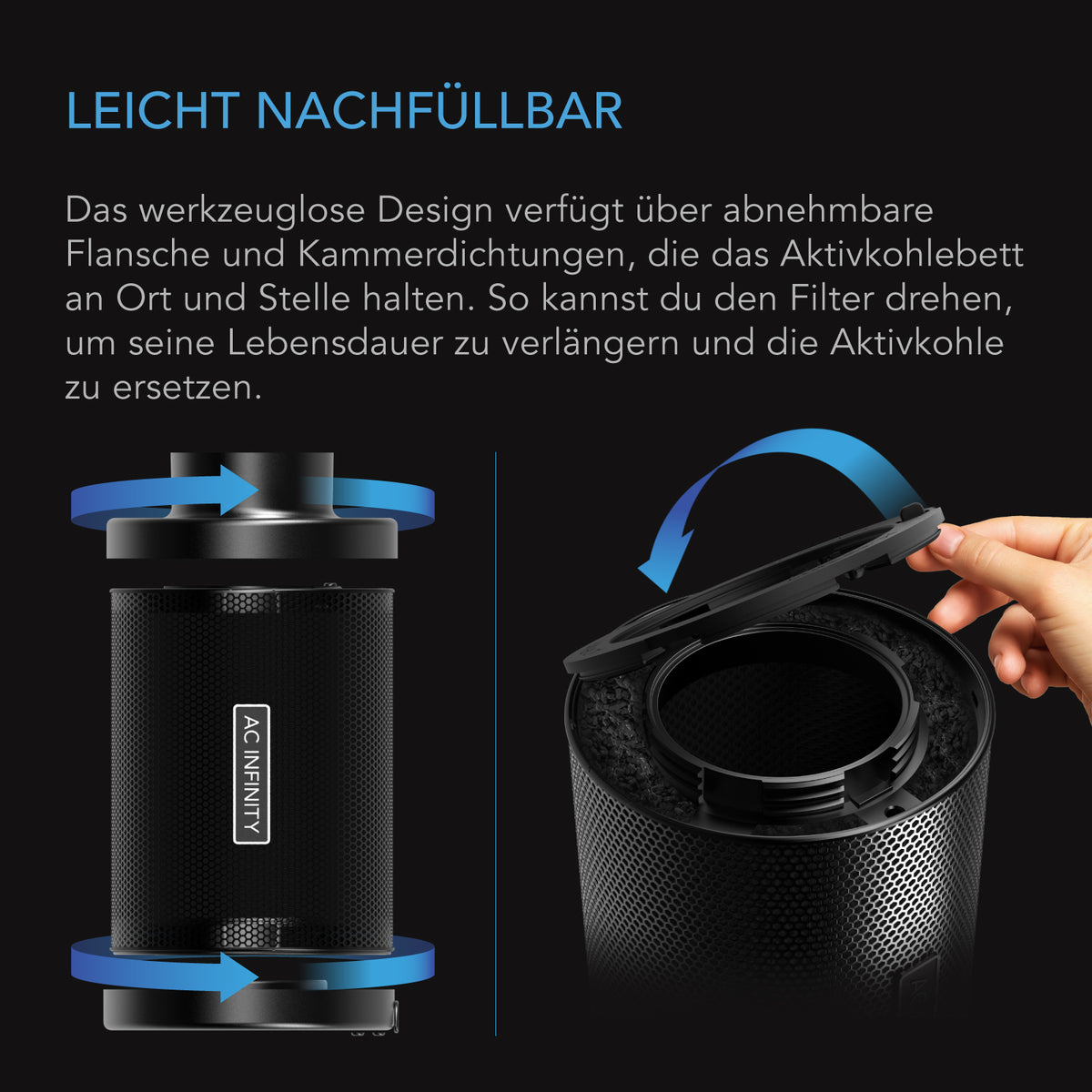 AC Infinity RCF8 Aktivkohlefilter 200 mm, nachfüllbar – Detail- oder Anwendungsansicht; zusätzliches Zubehör in Beispielen separat erhältlich