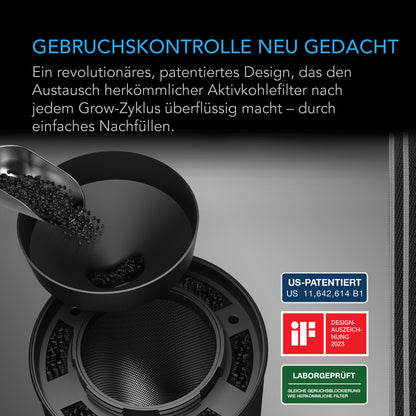 AC Infinity RCF8 Aktivkohlefilter 200 mm, nachfüllbar – Detail- oder Anwendungsansicht; zusätzliches Zubehör in Beispielen separat erhältlich