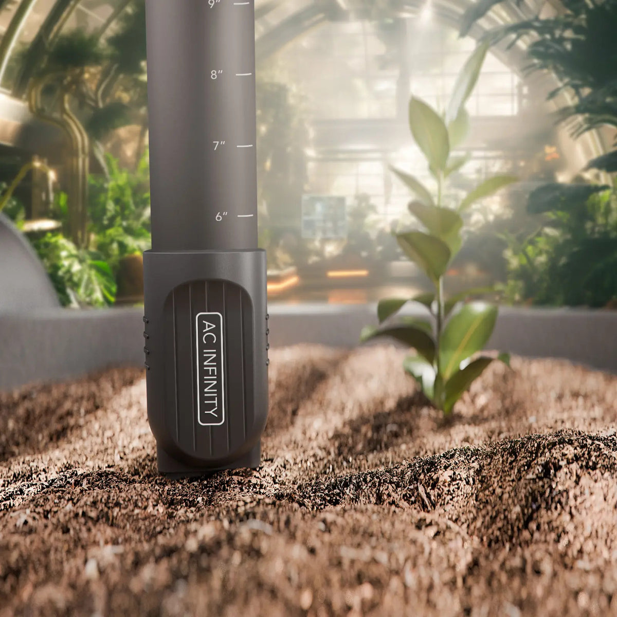 AC Infinity Bodenfeuchtesensor für Controller AI+ – Detail- oder Anwendungsansicht; zusätzliches Zubehör in Beispielen separat erhältlich