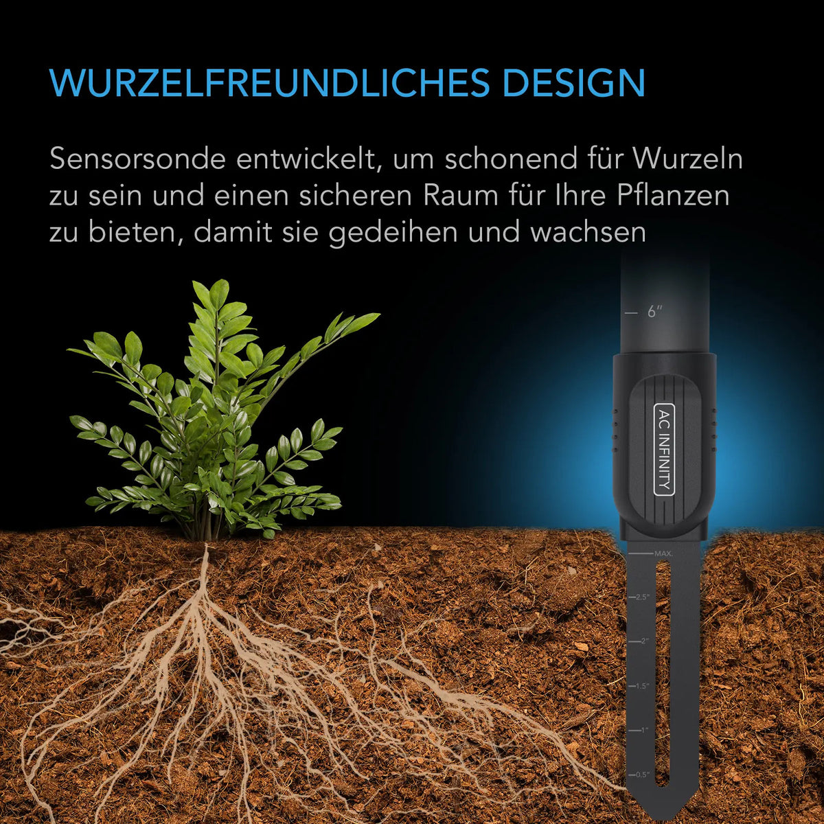 AC Infinity Bodenfeuchtesensor für Controller AI+ – Detail- oder Anwendungsansicht; zusätzliches Zubehör in Beispielen separat erhältlich