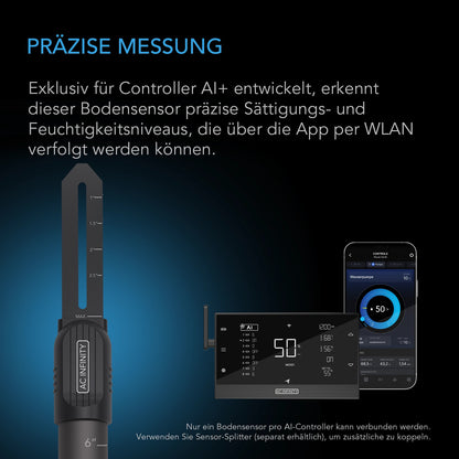 AC Infinity Bodenfeuchtesensor für Controller AI+ – Detail- oder Anwendungsansicht; zusätzliches Zubehör in Beispielen separat erhältlich