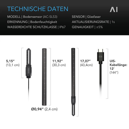 AC Infinity Bodenfeuchtesensor für Controller AI+ – Detail- oder Anwendungsansicht; zusätzliches Zubehör in Beispielen separat erhältlich