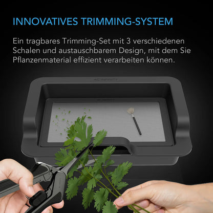 AC Infinity Trim-Tablett-System – Detail- oder Anwendungsansicht; zusätzliches Zubehör in Beispielen separat erhältlich