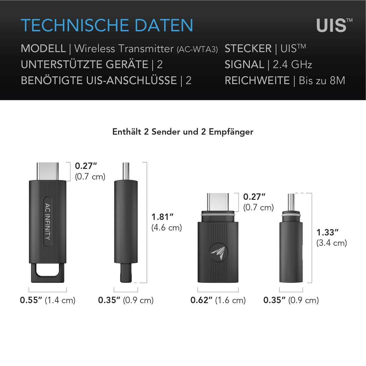 AC Infinity UIS Wireless Sender und Empfänger – Detail- oder Anwendungsansicht; zusätzliches Zubehör in Beispielen separat erhältlich