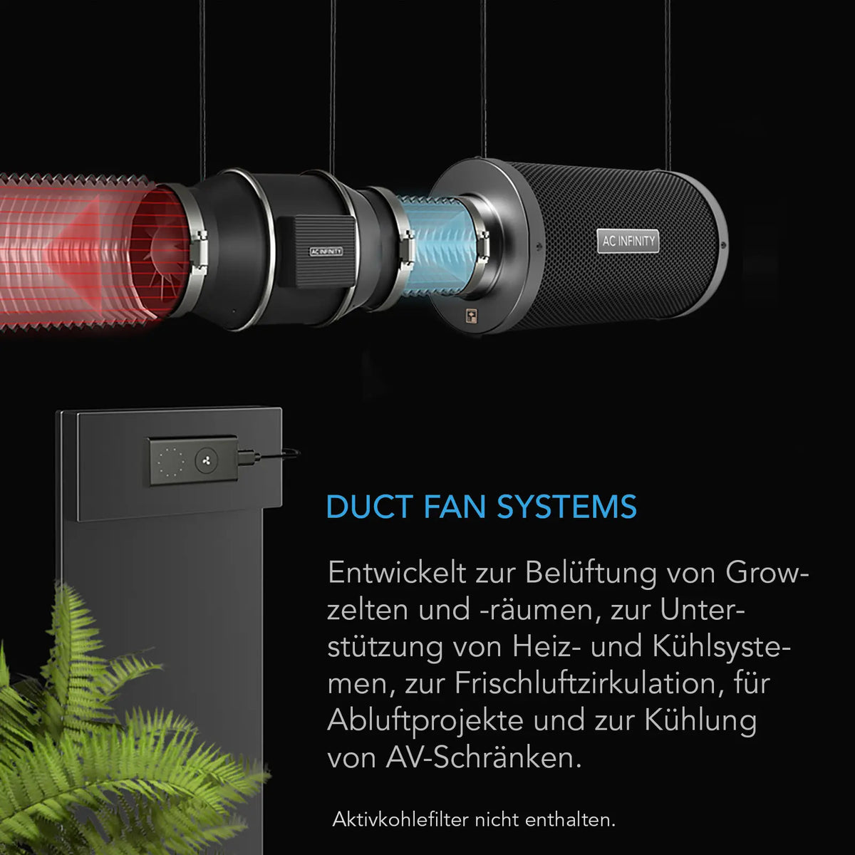 AC Infinity CLOUDLINE PRO S EC-Rohrventilator – Detail- oder Anwendungsansicht; zusätzliches Zubehör in Beispielen separat erhältlich