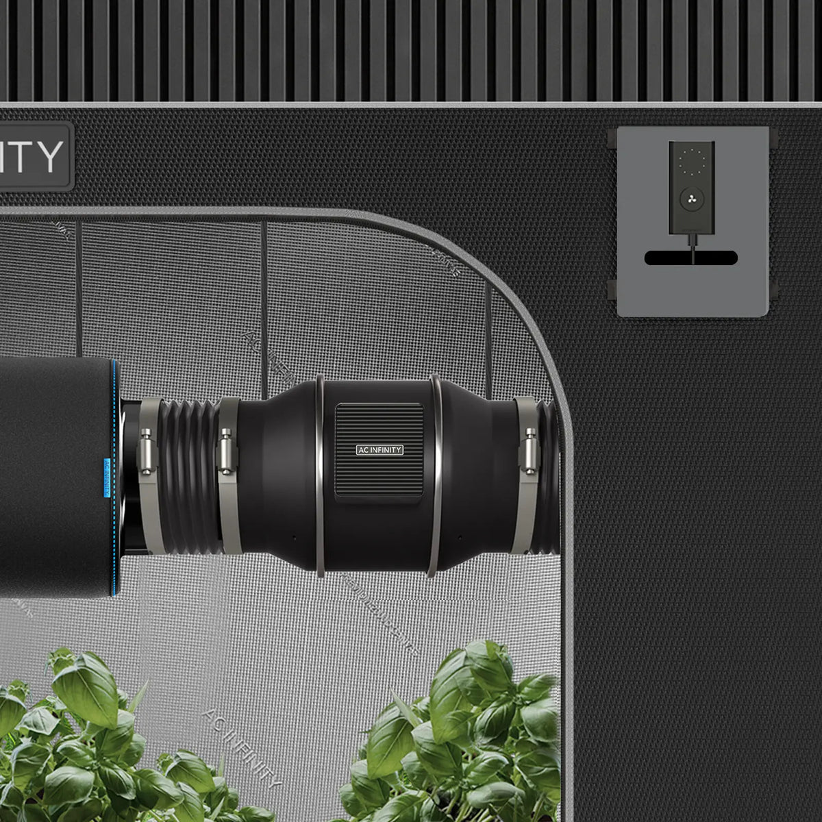 AC Infinity CLOUDLINE PRO S EC-Rohrventilator – Detail- oder Anwendungsansicht; zusätzliches Zubehör in Beispielen separat erhältlich