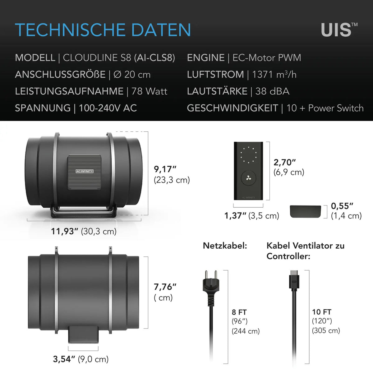 AC Infinity CLOUDLINE PRO S EC-Rohrventilator – Detail- oder Anwendungsansicht; zusätzliches Zubehör in Beispielen separat erhältlich