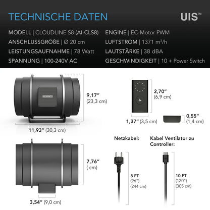 AC Infinity CLOUDLINE PRO S EC-Rohrventilator – Detail- oder Anwendungsansicht; zusätzliches Zubehör in Beispielen separat erhältlich