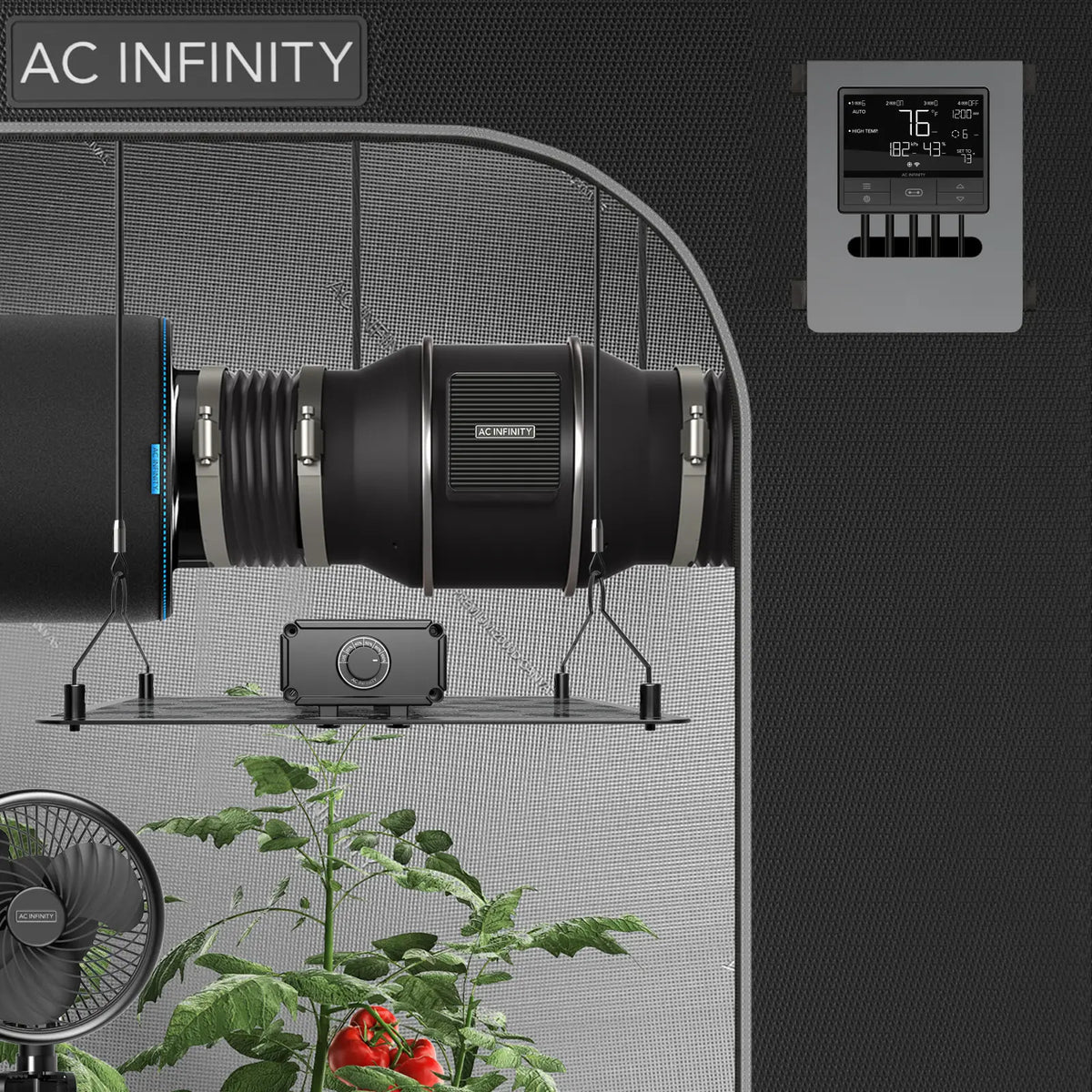 AC Infinity CLOUDLINE PRO T EC-Rohrventilator – Detail- oder Anwendungsansicht; zusätzliches Zubehör in Beispielen separat erhältlich