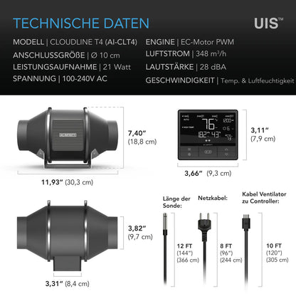 AC Infinity CLOUDLINE PRO T EC-Rohrventilator – Detail- oder Anwendungsansicht; zusätzliches Zubehör in Beispielen separat erhältlich