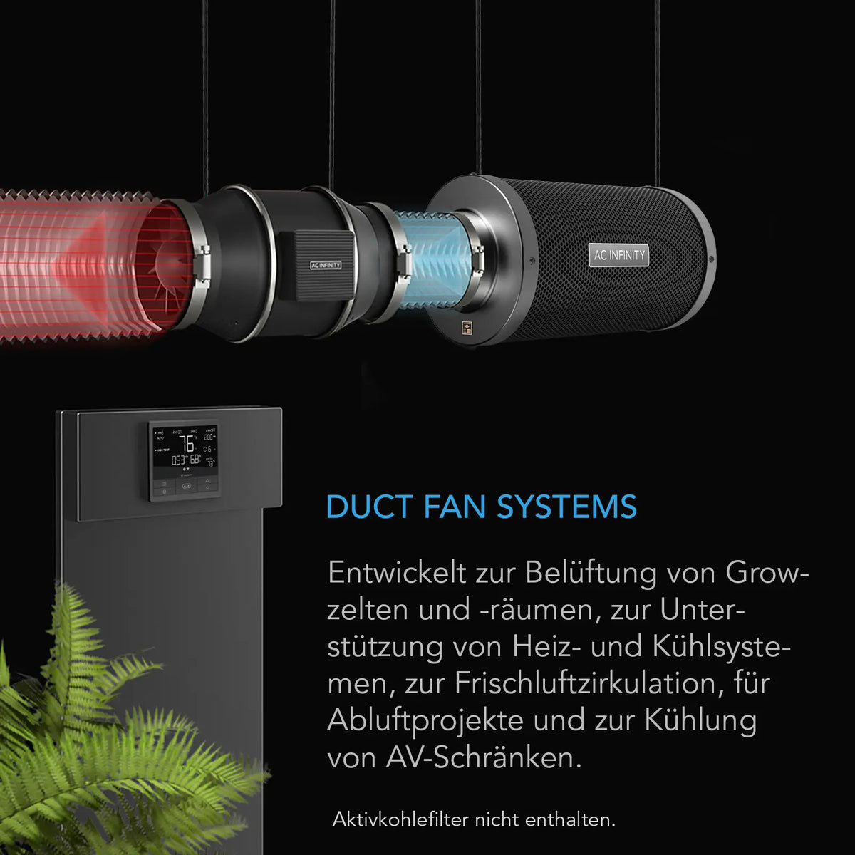 AC Infinity CLOUDLINE PRO T EC-Rohrventilator – Detail- oder Anwendungsansicht; zusätzliches Zubehör in Beispielen separat erhältlich