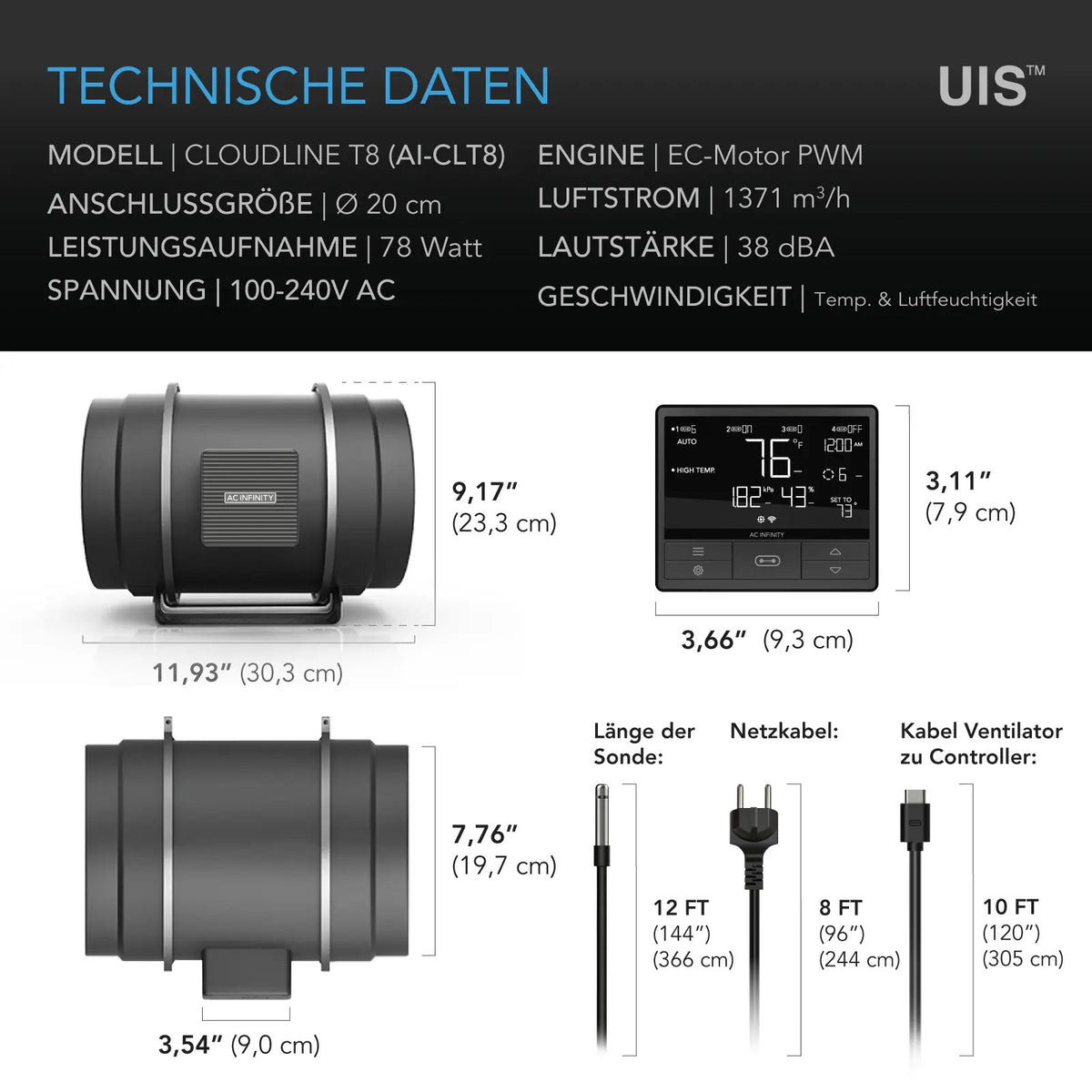 AC Infinity CLOUDLINE PRO T EC-Rohrventilator – Detail- oder Anwendungsansicht; zusätzliches Zubehör in Beispielen separat erhältlich