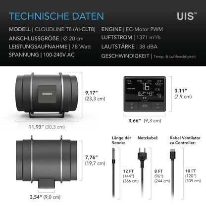 AC Infinity CLOUDLINE PRO T EC-Rohrventilator – Detail- oder Anwendungsansicht; zusätzliches Zubehör in Beispielen separat erhältlich