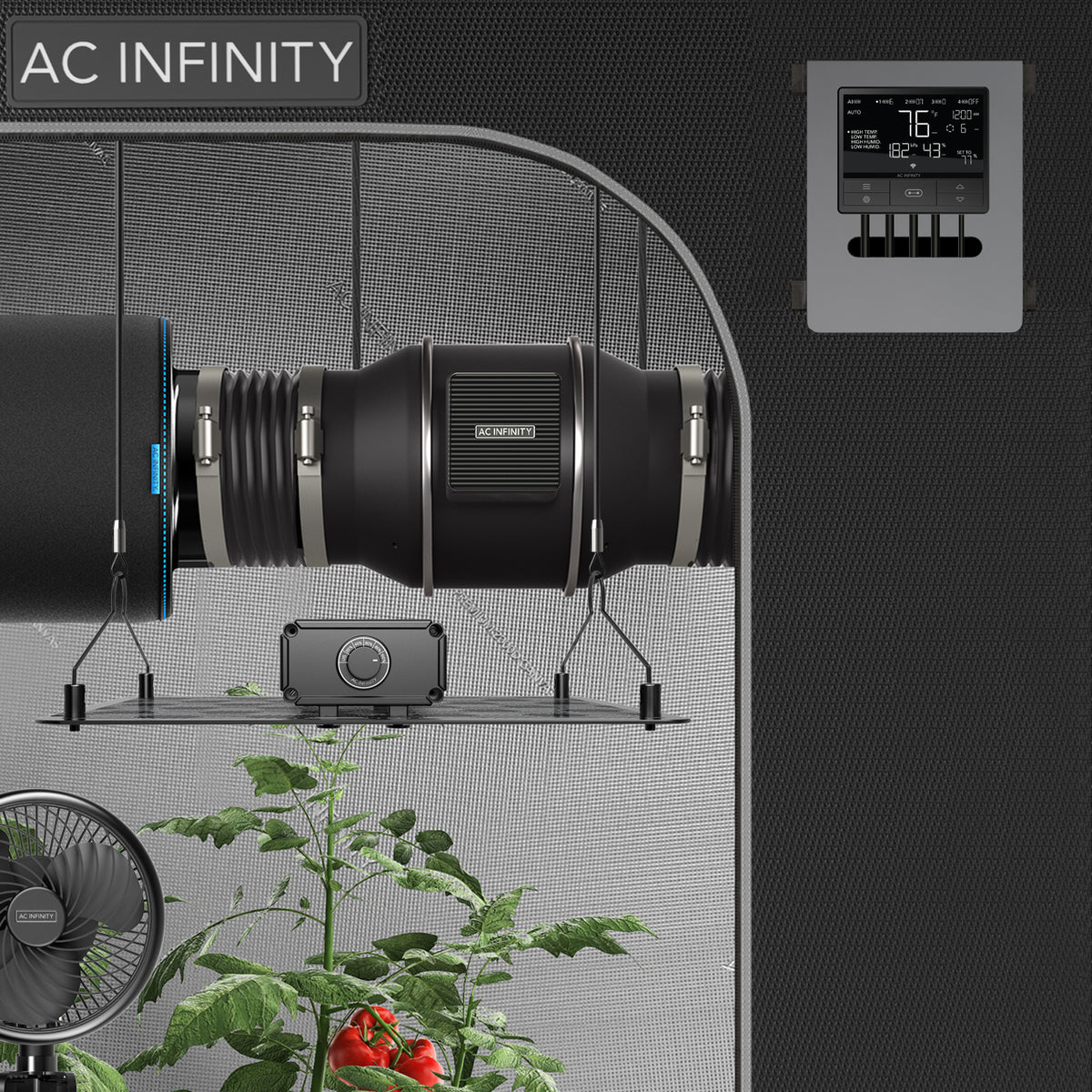 AC Infinity CONTROLLER 69 PRO Klimasteuerung – Detail- oder Anwendungsansicht; zusätzliches Zubehör in Beispielen separat erhältlich