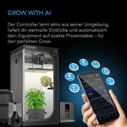 AC Infinity CONTROLLER AI+ Klimasteuerung – Detail- oder Anwendungsansicht; zusätzliches Zubehör in Beispielen separat erhältlich