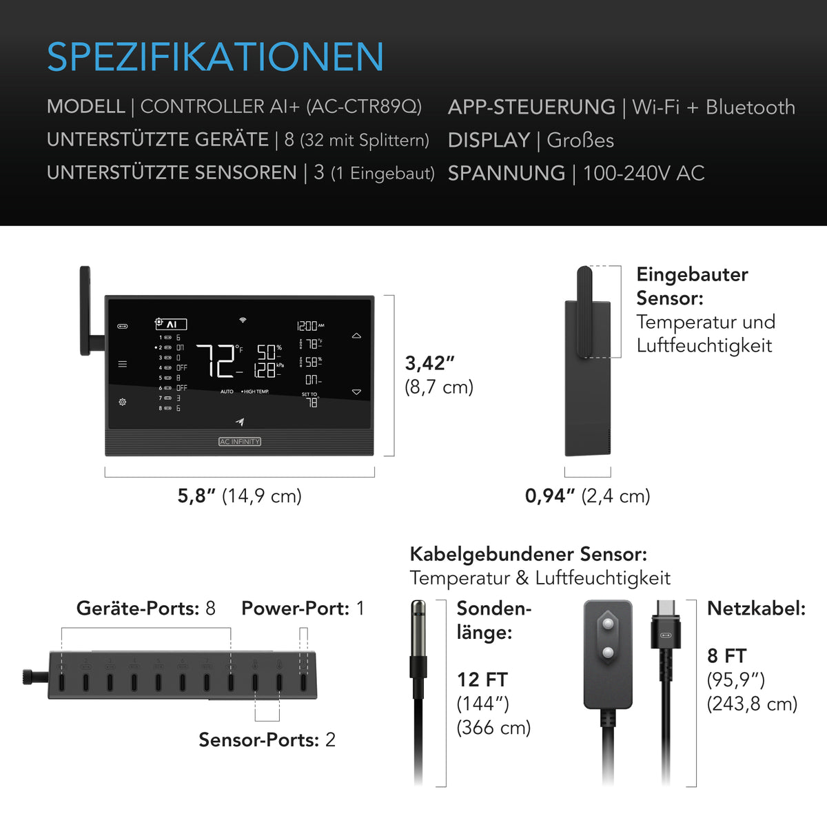 AC Infinity CONTROLLER AI+ Klimasteuerung – Detail- oder Anwendungsansicht; zusätzliches Zubehör in Beispielen separat erhältlich