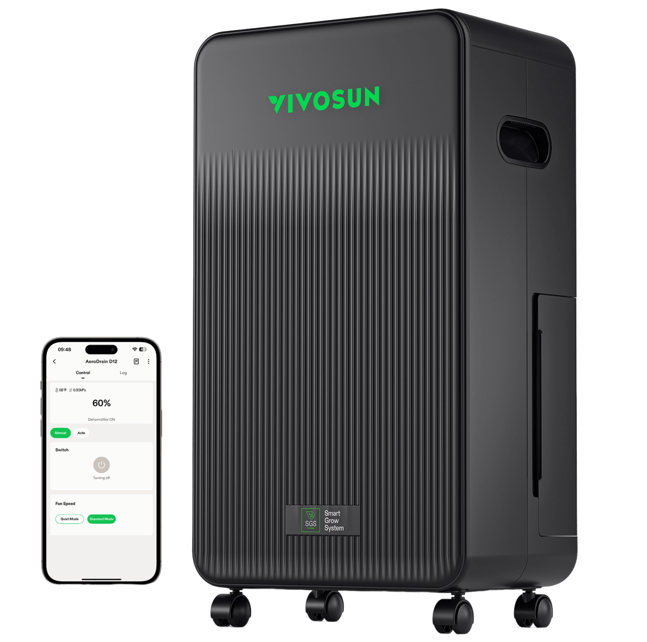 VIVOSUN AeroDrain D12 Hauptbild – Frontansicht mit App-Interface