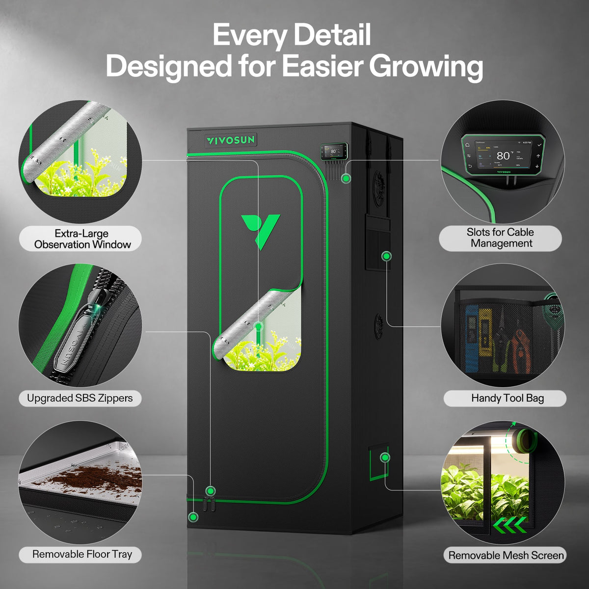 Vivosun Growbox Pro P236 70x70x160cm – Originalbild 5; Ausstattung und Anwendungsbeispiele gemäß Beschreibung