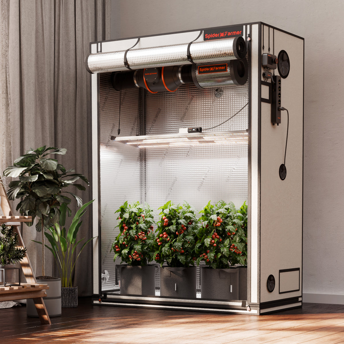 Spider Farmer Growbox Pro White 140x70x200cm – Originalbild 2; Ausstattung und Anwendungsbeispiele gemäß Beschreibung