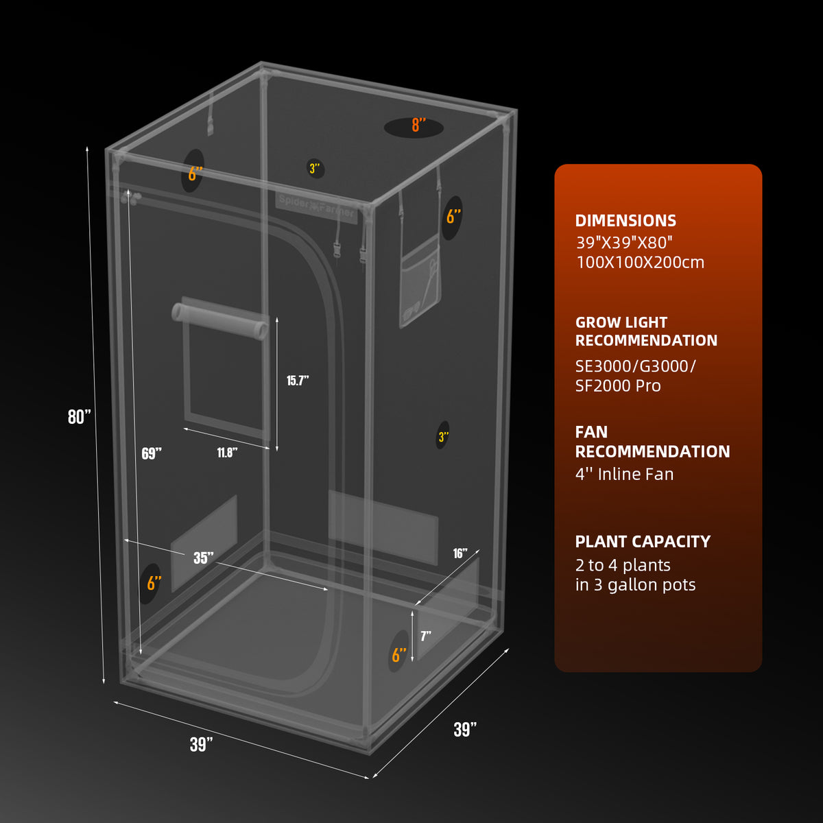 Spider Farmer Growbox 100x100x200cm – Originalbild 11; Ausstattung und Anwendungsbeispiele gemäß Beschreibung