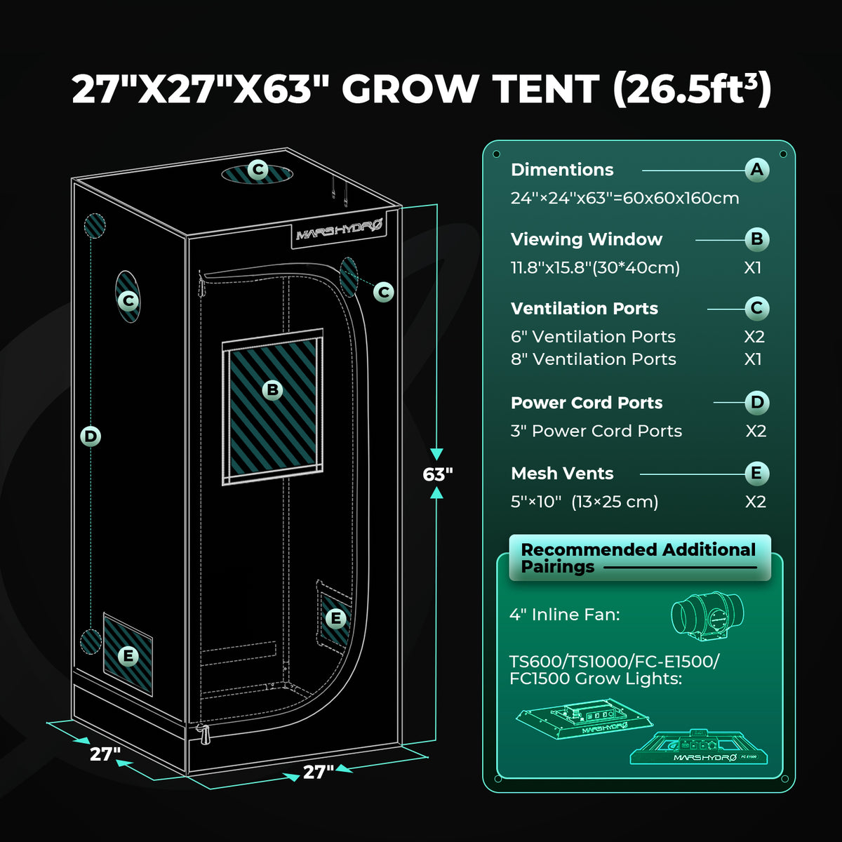 Mars Hydro Growbox Pro 60x60x160cm – Originalbild 9; Ausstattung und Anwendungsbeispiele gemäß Beschreibung