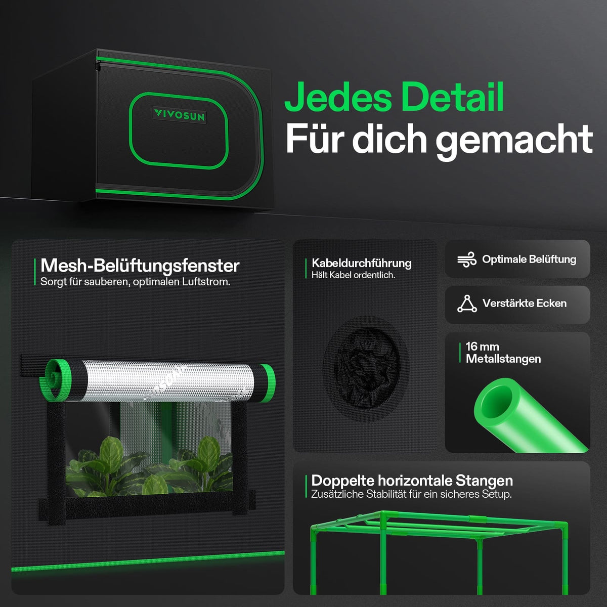 Vivosun Mini Growbox 60x40x50cm – Originalbild 3; Ausstattung und Anwendungsbeispiele gemäß Beschreibung