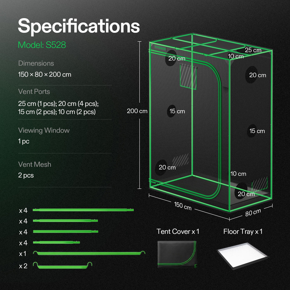 Vivosun Growbox S528 150x80x200cm – Originalbild 7; Ausstattung und Anwendungsbeispiele gemäß Beschreibung