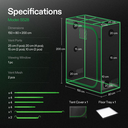 Vivosun Growbox S528 150x80x200cm – Originalbild 7; Ausstattung und Anwendungsbeispiele gemäß Beschreibung