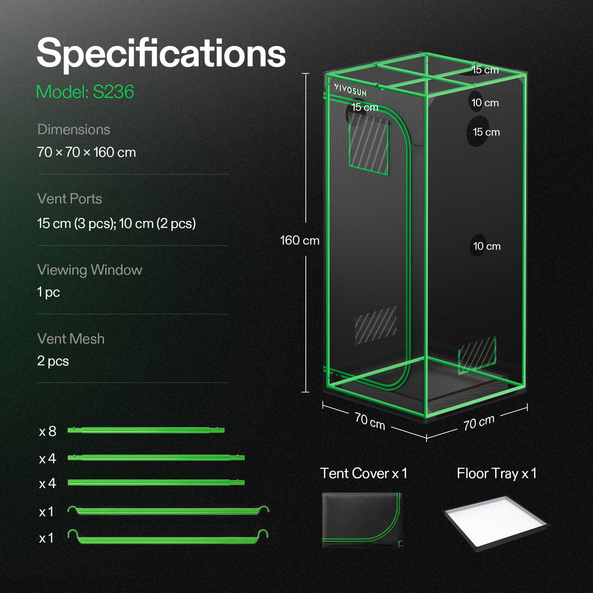 Vivosun Growbox S236 70x70x160cm – Originalbild 7; Ausstattung und Anwendungsbeispiele gemäß Beschreibung