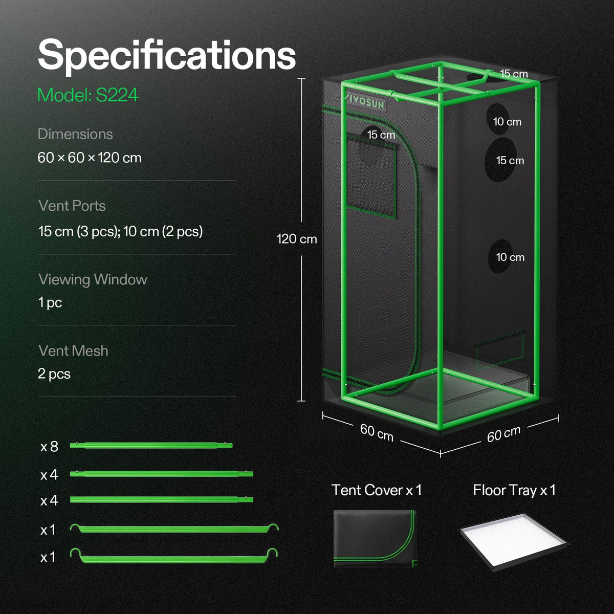 Vivosun Growbox S224 60x60x120cm – Originalbild 7; Ausstattung und Anwendungsbeispiele gemäß Beschreibung
